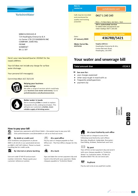 United Kingdom Yorkshire water business utility bill template in Word and PDF formats